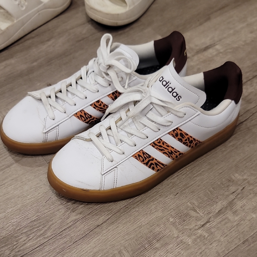 adidas Women's White Sneakers with Leopard Stripe Detail
